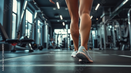Fitness motivation - toned legs walking in gym, focus on sneakers. Perfect for workout and health themes.