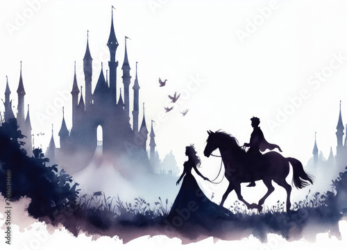 Fairy tale prince and princess silhouette on horse walking to castle. photo