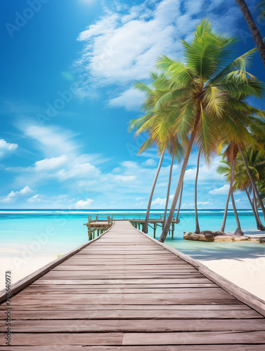 paradise beach with turquoise water, wooden pier and tropical palm trees, 
