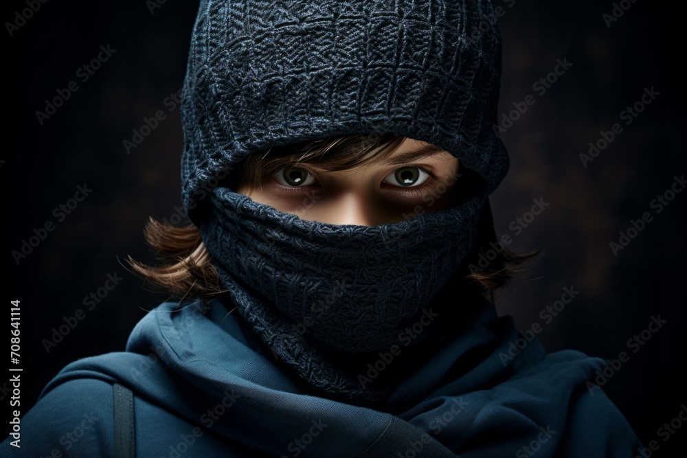 The guy in the hat and scarf covered his face, leaving only his eyes. portrait. a thief, a robber. protection from the cold.