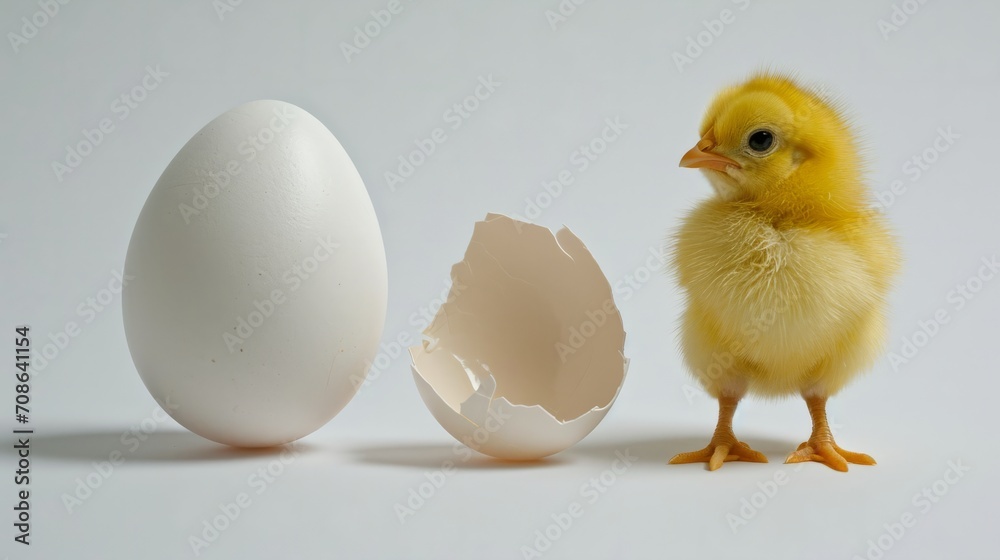 Newborn chick beside its eggshell, with whole egg. Perfect for themes of birth, growth, and potential.