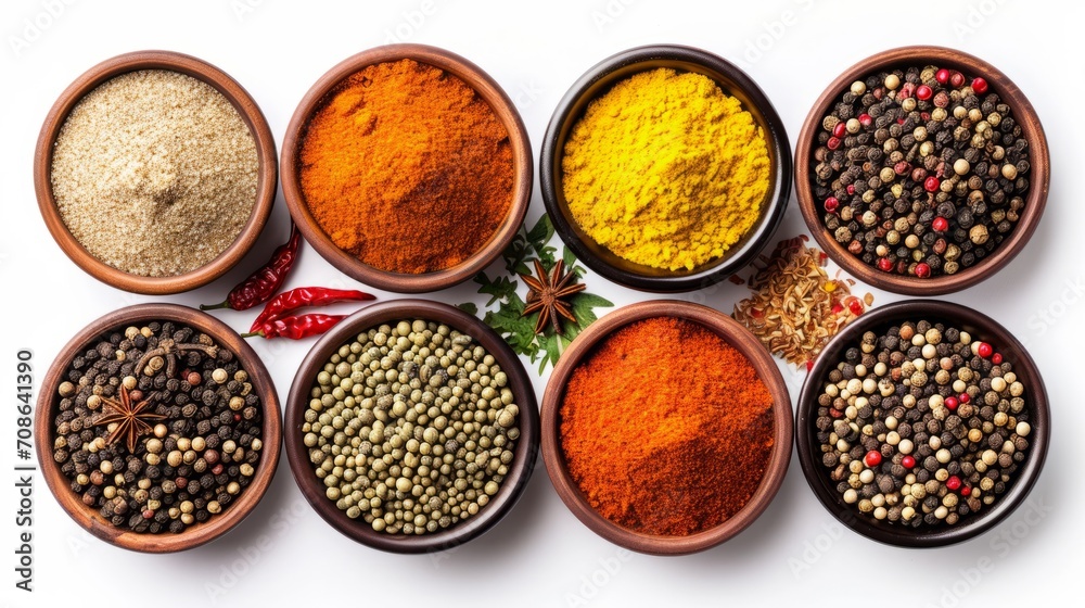 Assorted spices in bowls. Top view of colorful condiments. Cooking ingredients.