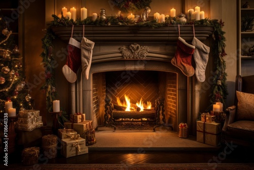 Warm and inviting fireplace with stockings hung for Christmas.