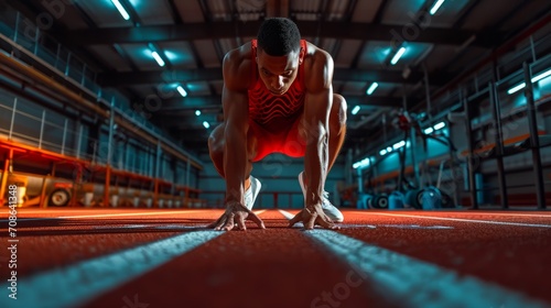 Intense athlete in starting position on track, ready to sprint. Dynamic, motivational sports image. photo