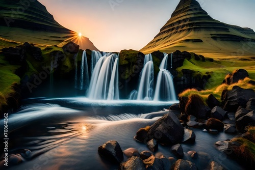 Beautiful landscape with sunrise on Kirkjufellsfoss waterfall and Kirkjufell mountain, Iceland, Europe. photo