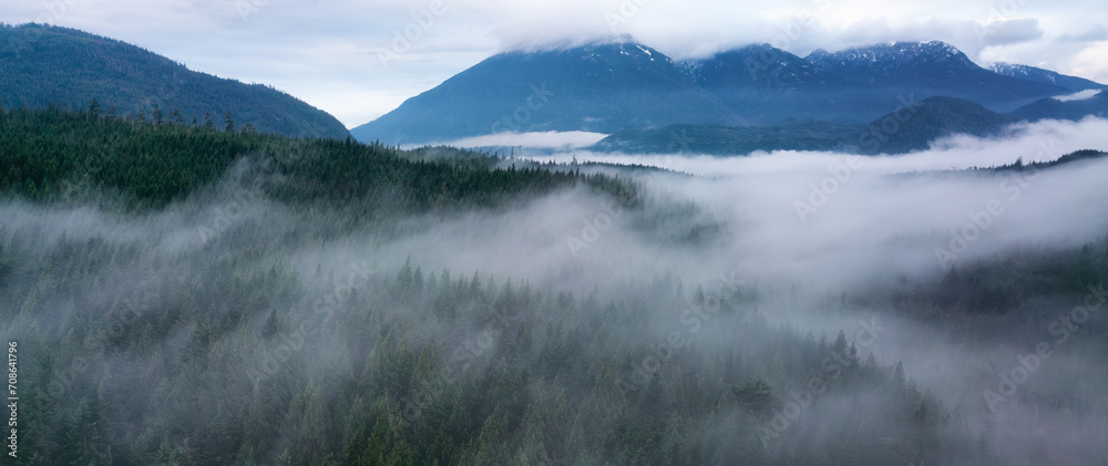 Fog covered trees and mountains landscape. Cloudy Sunrise.