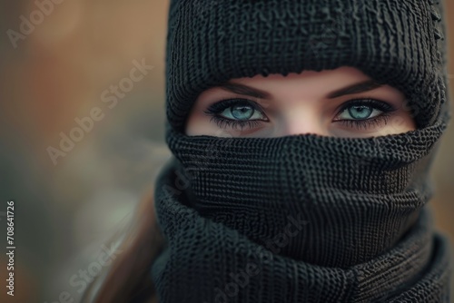 a girl in a balaclava. portrait. knitted black headdress covering the face. the look of blue eyes.