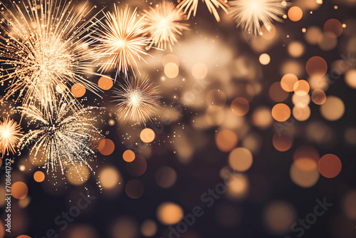 Gold fireworks vector background with bokeh. Abstract New Year background with space for text. Realistic fireworks isolated on dark background.
