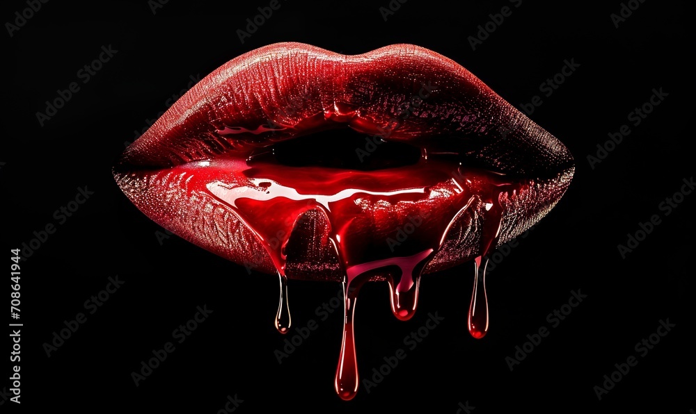 dripping red kiss mark lips on black background - obrazy, fototapety, plakaty 