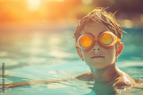 A little swimmer, a boy swims in the pool with goggles for swimming above the water. portrait of a contented child. water treatments, a kind of sport. © MaskaRad