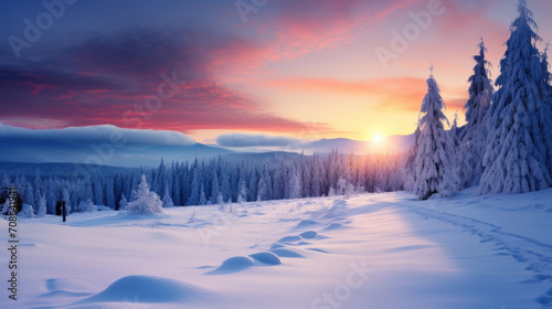 Winter sunrise in a snowy forest landscape.