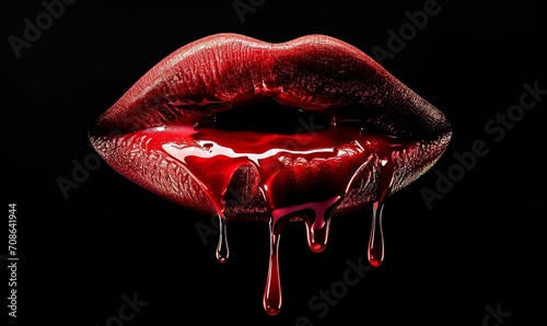 dripping red kiss mark lips on black background photo
