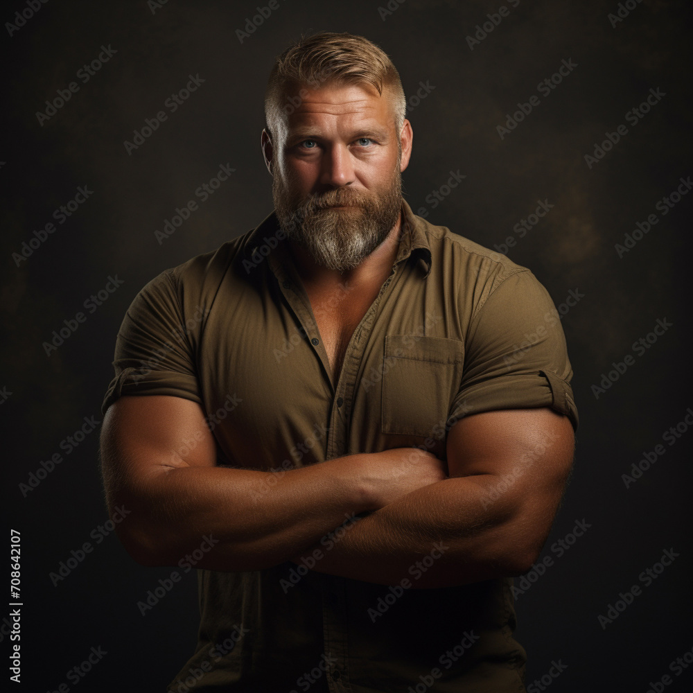 portrait of brutal harsh mature man, beefy rotund handsome male persona ...