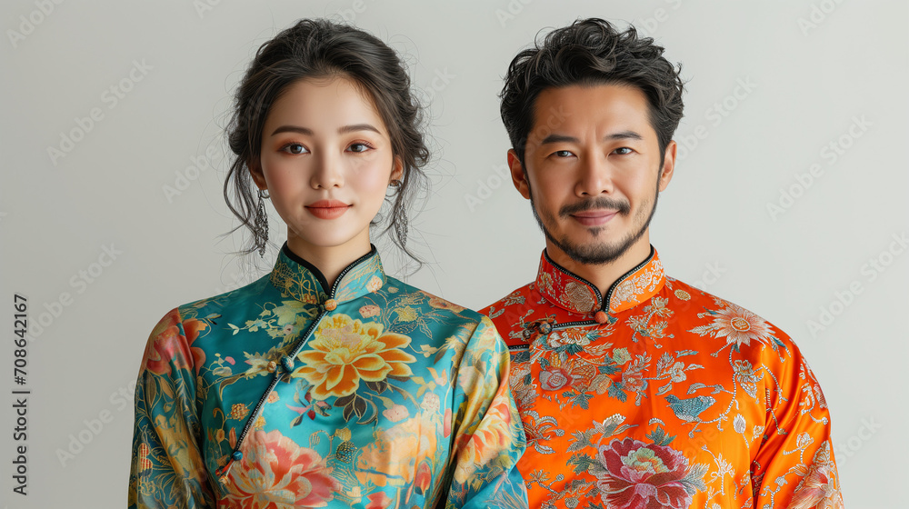 Vietnamese Asian Pretty Elegant Women And Handsome Man Couple In Tet New Year Eve Costume Clothes