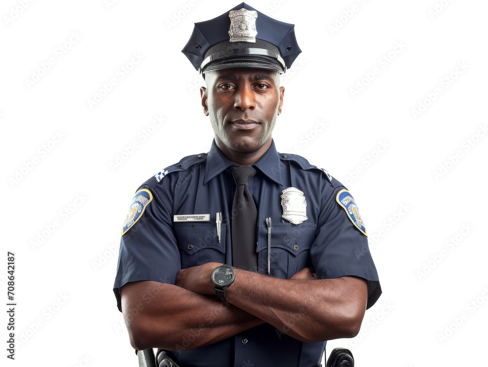 Stoic police officer in uniform, badge visible, on transparent PNG background, ideal for various design uses. Stoic police officer in uniform, badge visible, on transparent PNG background, ideal for various design uses.