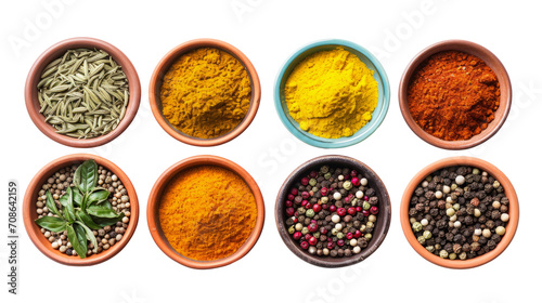 Assorted spices in terracotta bowls  top view  PNG with transparent background ideal for culinary designs.