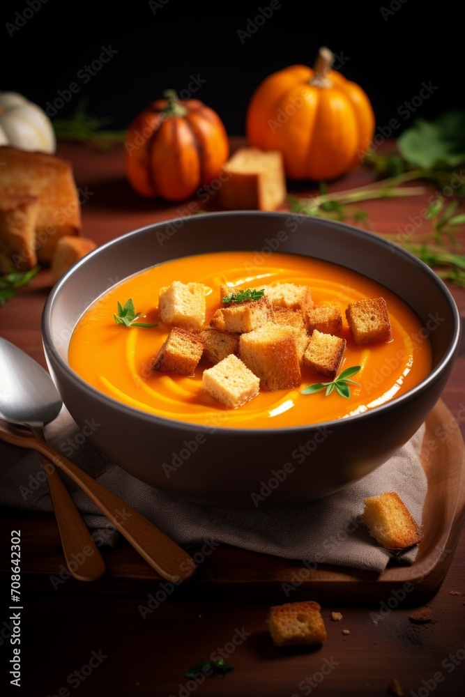 pumpkin soup with croutons on the table in close-up. vegetable, food. pumpkin soup with croutons on the table in close-up. vegetable, food.