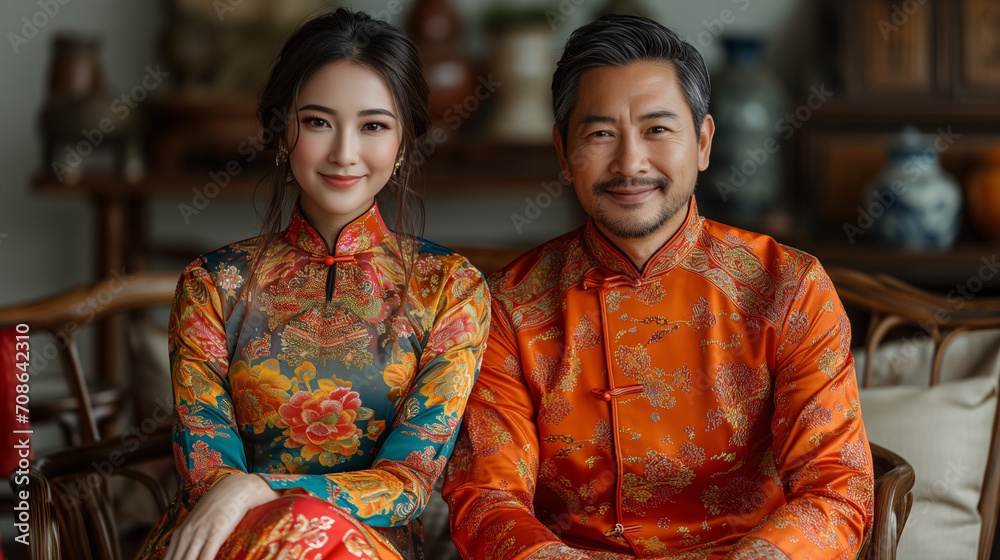 Vietnamese Asian Pretty Elegant Women And Handsome Man Couple In Tet New Year Eve Costume Clothes Vietnamese Asian Pretty Elegant Women And Handsome Man Couple In Tet New Year Eve Costume Clothes