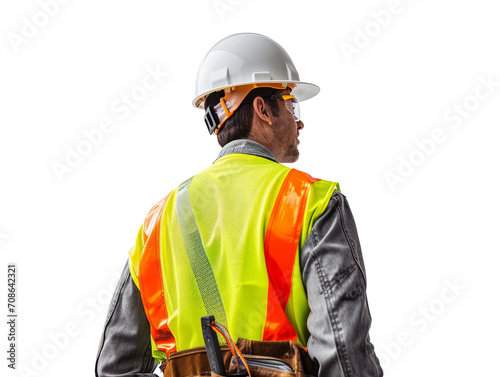 Construction worker in high-visibility vest and helmet, rear view, transparent PNG, ideal for safety and industrial designs. photo