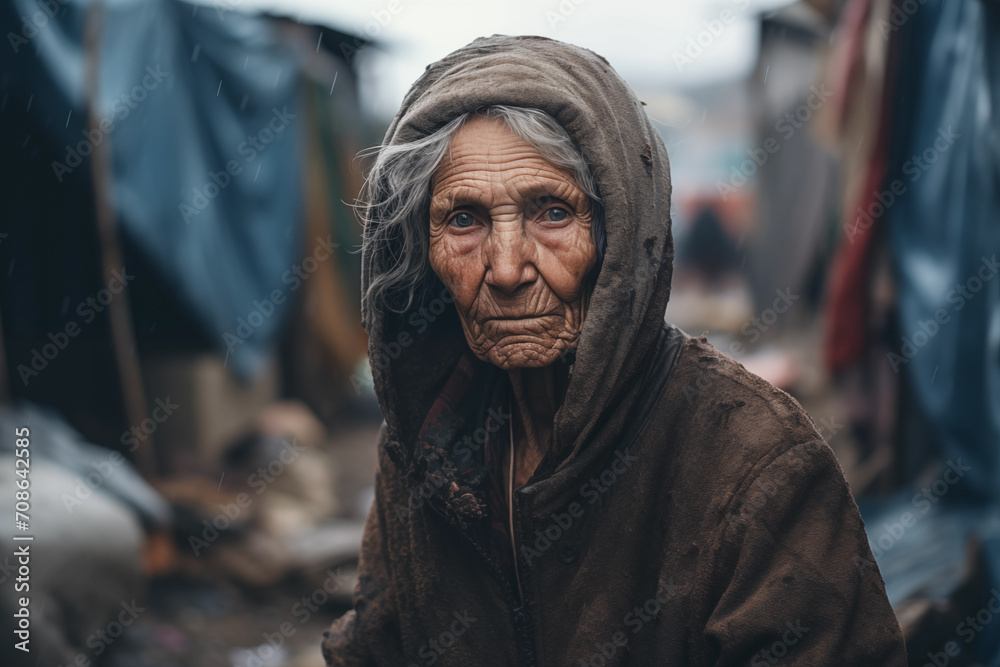 sad very old poor woman in refugee camp