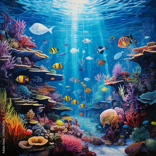 a painting of an underwater scene with fish and corals © Thuan