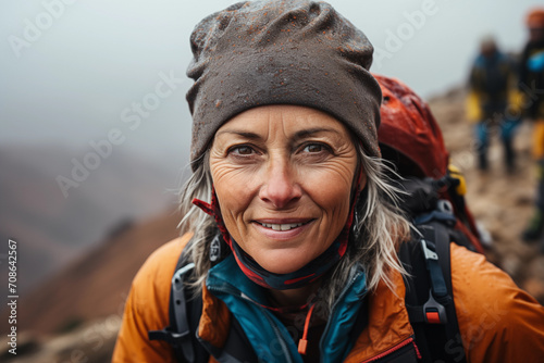 outdoor portrait of mature adult woman hiking in rain high up in mountains on expedition © Birgit