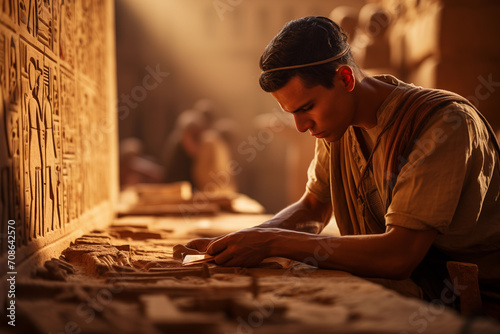 young egyptian man working on ancient relief with hieroglyphs photo