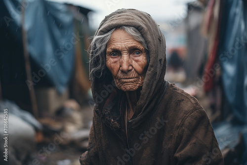 sad very old poor woman in refugee camp