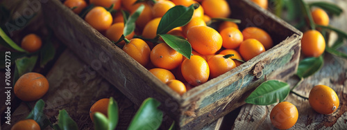kumquat in a box on a wooden background, nature. photo