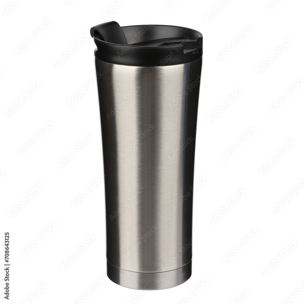 Thermos cup as a model, clean material. Metal clean thermos cup with black lid, blank for text. Copy space. Isolated white background, Different shooting angle, clipping path. Thermos cup as a model, clean material. Metal clean thermos cup with black lid, blank for text. Copy space. Isolated white background, Different shooting angle, clipping path.