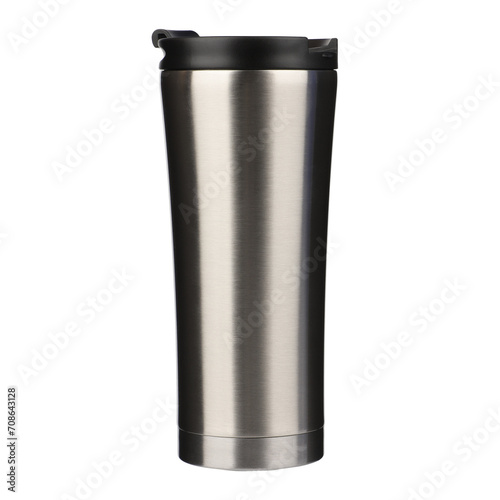 Thermos cup as a model, clean material. Metal clean thermos cup with black lid, blank for text. Copy space. Isolated white background, Different shooting angle, clipping path.