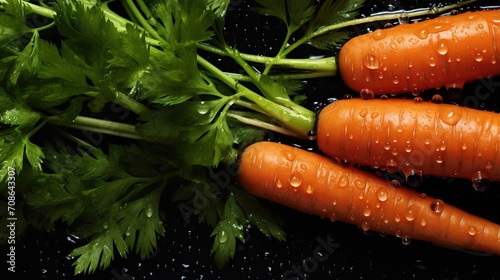 Fresh organic carrots with green leaves on a black background photo