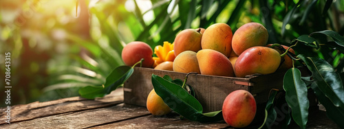 Fresh tasty sweet mangoes in a wooden box on a wooden background photo