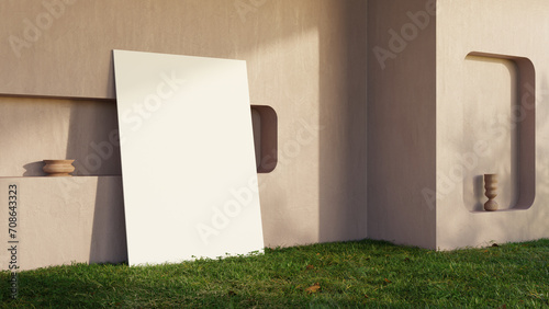 White blank poster on light background with grass
