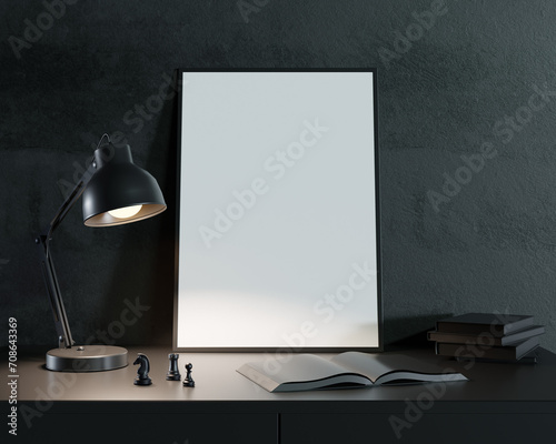 White blank poster with frame on dark background desk with chess and desklamp photo