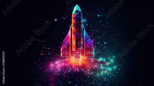 Rocket launch. Business startup concept form lines, triangles and particle