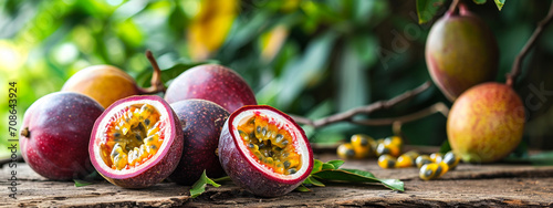 Fresh passion fruit on a wooden background. Tropical fruits photo