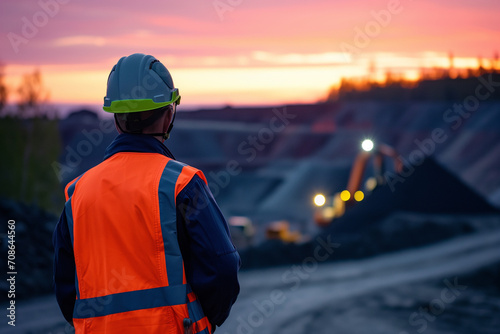 A worker in high-visibility clothing and a hard hat is observing an industrial mining operation at dusk.