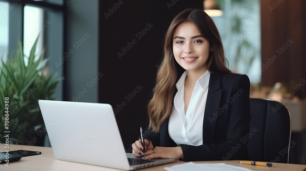 portrait of beautiful cheerful business woman smiling while working with laptop, computer. portrait of beautiful cheerful business woman smiling while working with laptop, computer.
