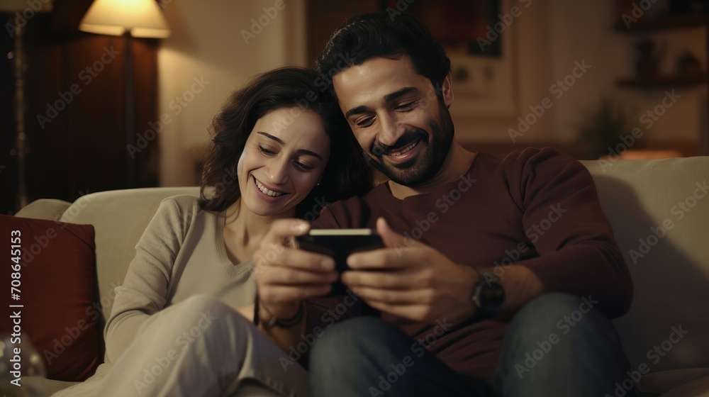 Tech-savvy at home: Mid adult man relaxes on the sofa, introducing a new app to his African American wife on their cellphone. Tech-savvy at home: Mid adult man relaxes on the sofa, introducing a new app to his African American wife on their cellphone.