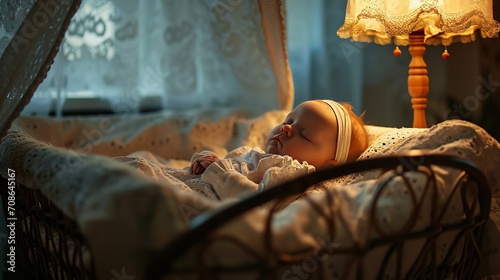 girl little 9 month infant in white clothes lying in a cradle in the evening under the light of a sconce. beautiful film light