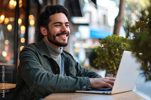Smiling young Latin business man using laptop sitting outdoor. Happy guy student or professional looking away in city cafe elearning, hybrid working, searching job online thinking, Generative AI © Design Dynasty