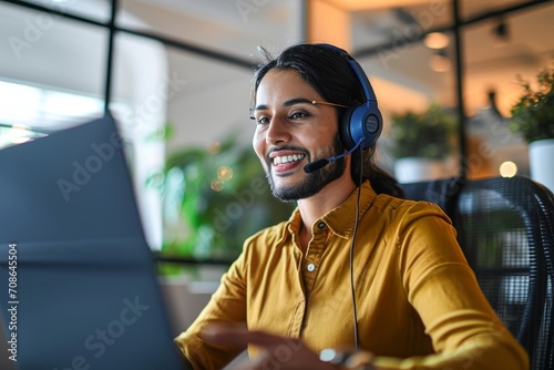 Happy Indian call center agent wearing headset talking to client working in customer support office. Professional contract service telemarketing operator using laptop for conversation. Generative AI