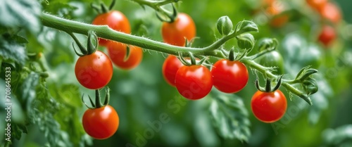 Bright red cherry tomatoes grow on a branch.