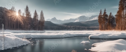 A winter landscape with a frozen lake and a coniferous forest on the background, covered with snow. Snowy mountains in the background. photo