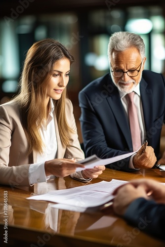 Female lawyer or financial advisor consulting older male client investor showing documents at meeting. Two mature business executive colleagues discussing account report in office, Generative AI