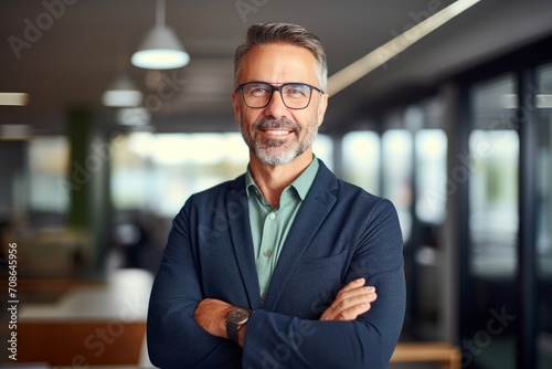 Smiling older bank manager or investor, happy middle aged businessman boss ceo, confident mid adult professional businessman executive standing in office, mature entrepreneur, Generative AI