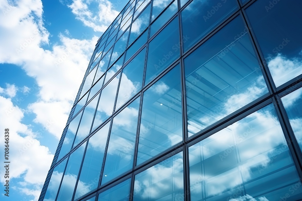 Blue glass skyscraper reflecting the sky