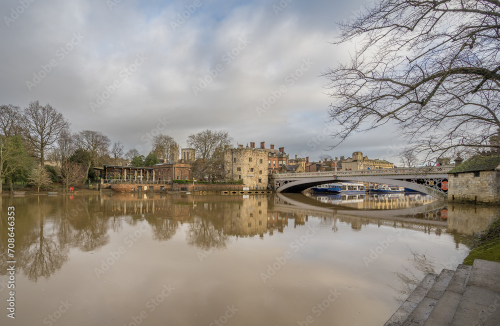 Looking from one bank to the opposite side, flooded River Ouse in York