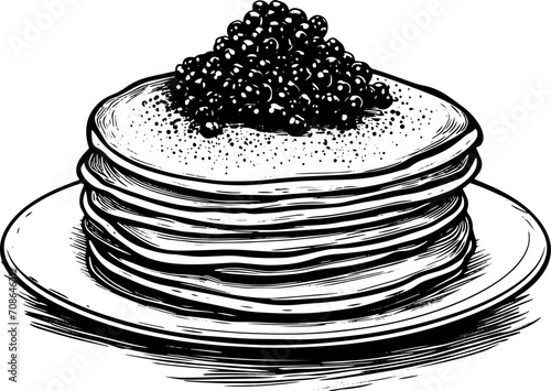 Pancakes with blake caviar on a top, vector illusstration in sketch style. 